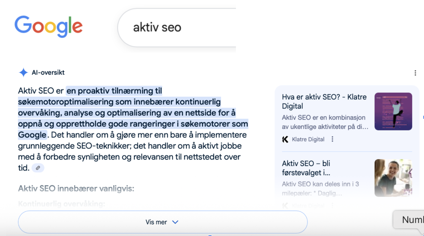 Skjermbildet viser eksempel på AI-oversikt som svarer på temaet “Aktiv SEO”