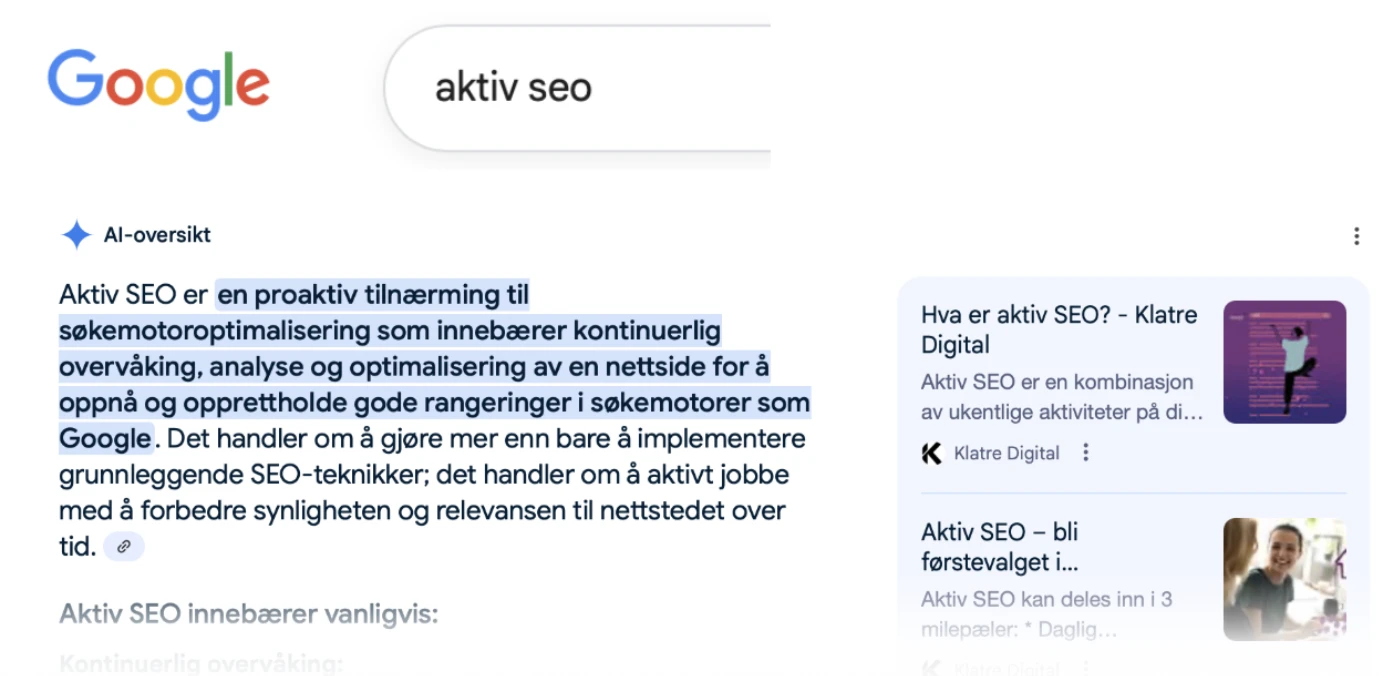 Aktiv SEO Skjermbildet viser eksempel på AI-oversikt som svarer på temaet “Aktiv SEO”